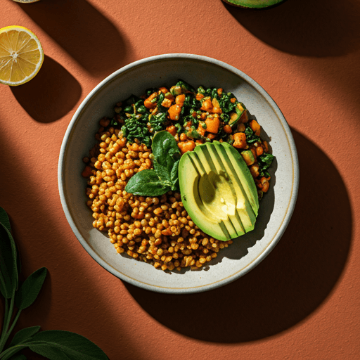 A nourishing bowl of grains, vegetables, and avocado on a warm terracotta surface