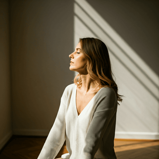 A mother in a serene sunlit room, embracing the calm of parenthood